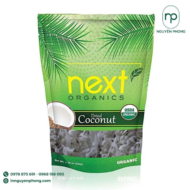tem mứt dừa non với thiết kế màu xanh lá cây tươi sáng